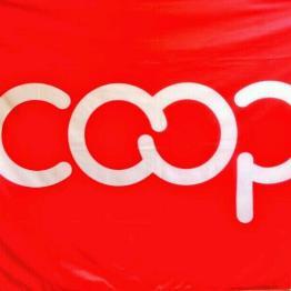 Coop logo with white letters on bright red background